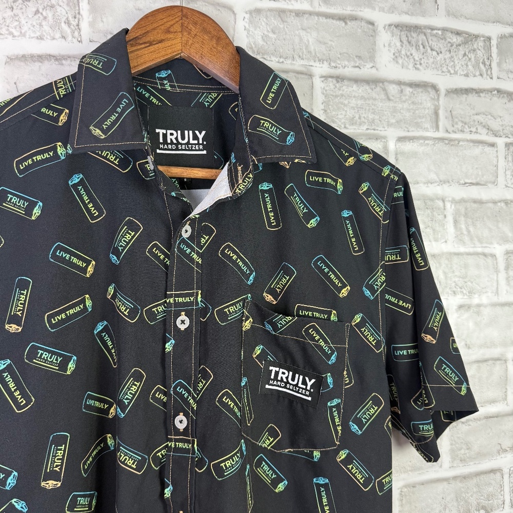 Truly Hard Seltzer Primary Black Neon Can AOP Button Up Shirt Mens Small Poly